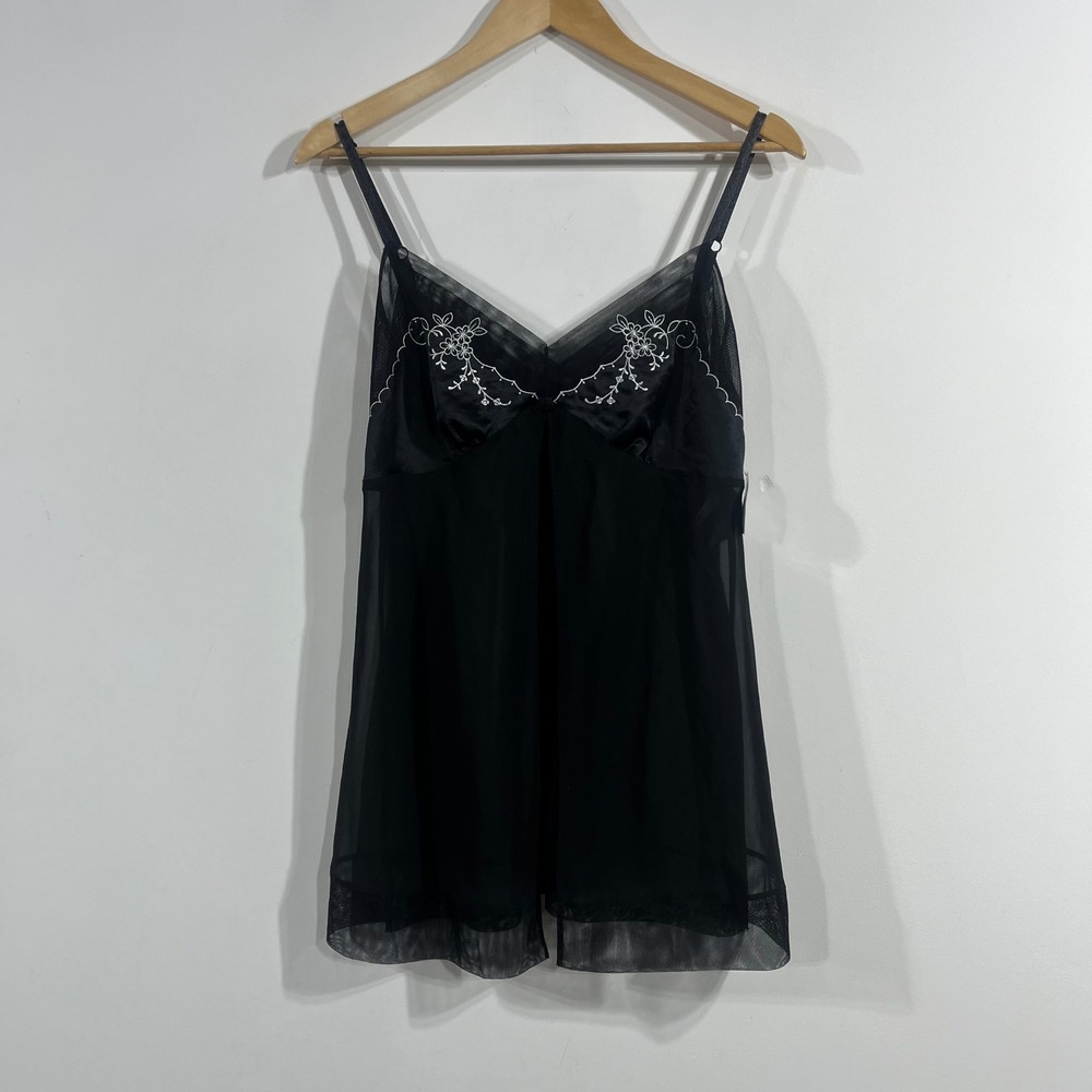 ValerieStevens VTG Babydoll Y2K Black Sheer Slip Dress Floral Embroidered Medium